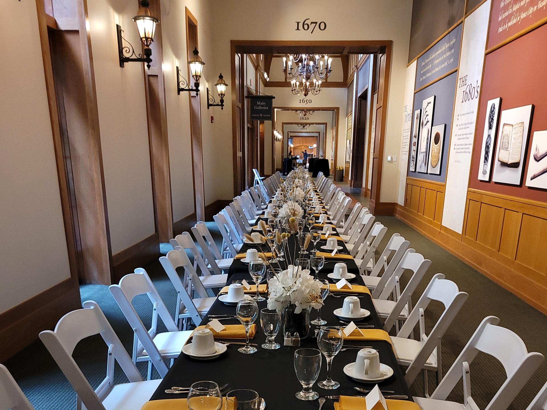 A long dining table in the Jamestown Settlement Great Hall