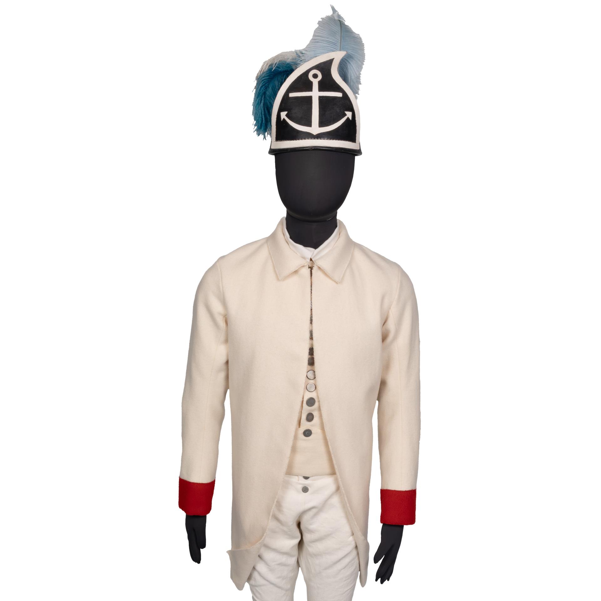 A uniform re-creation of a member of the 1st Rhode Island Regiment made by Jamestown-Yorktown Foundation.