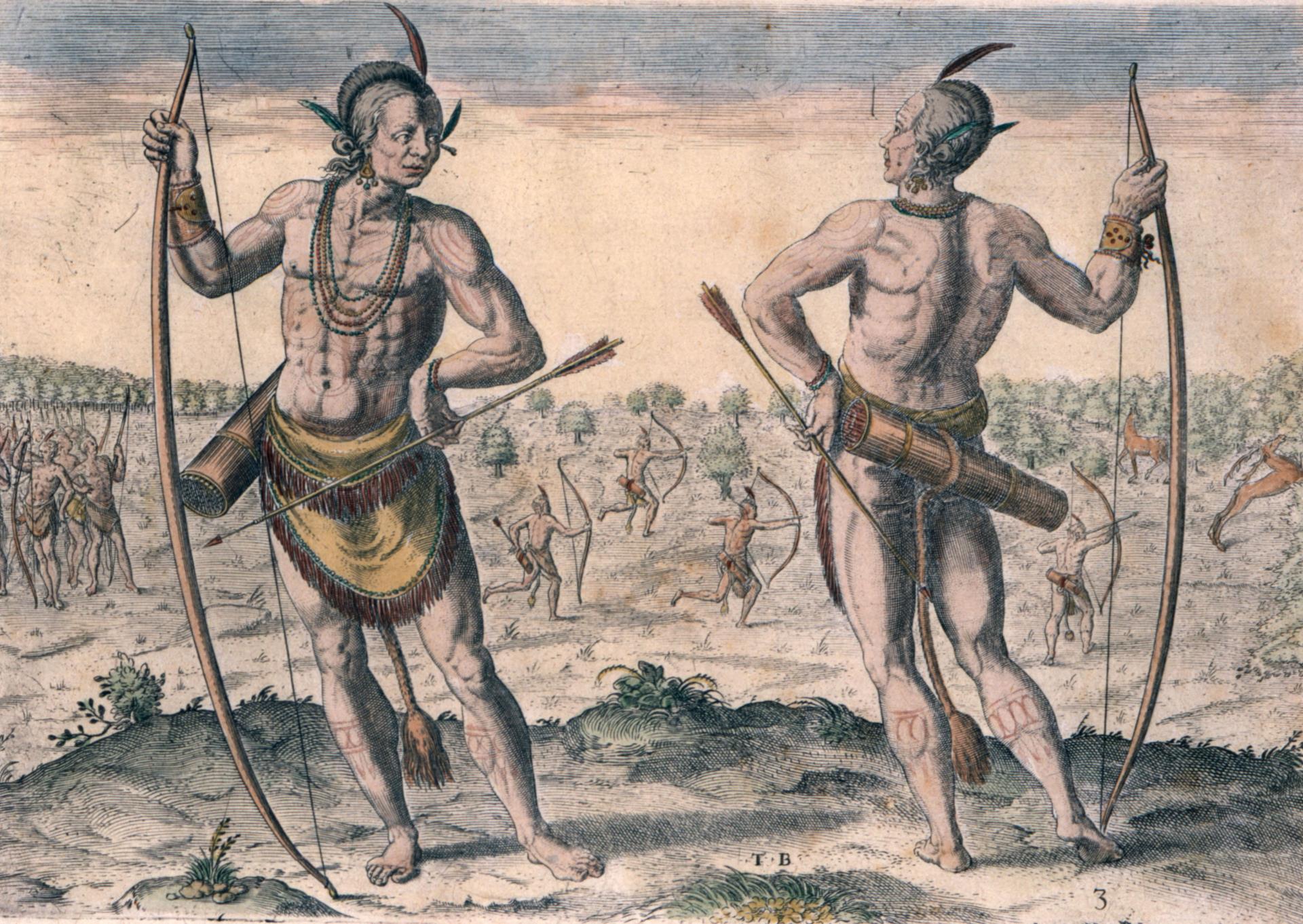 “A weroan or great Lorde of Virginia” engraving by Theodor de Bry after a watercolor by John White, 1577-1590. From “A Briefe and True Report of the New Found Land of Virginia, 1590.” Jamestown-Yorktown Foundation, JS84.11.02.