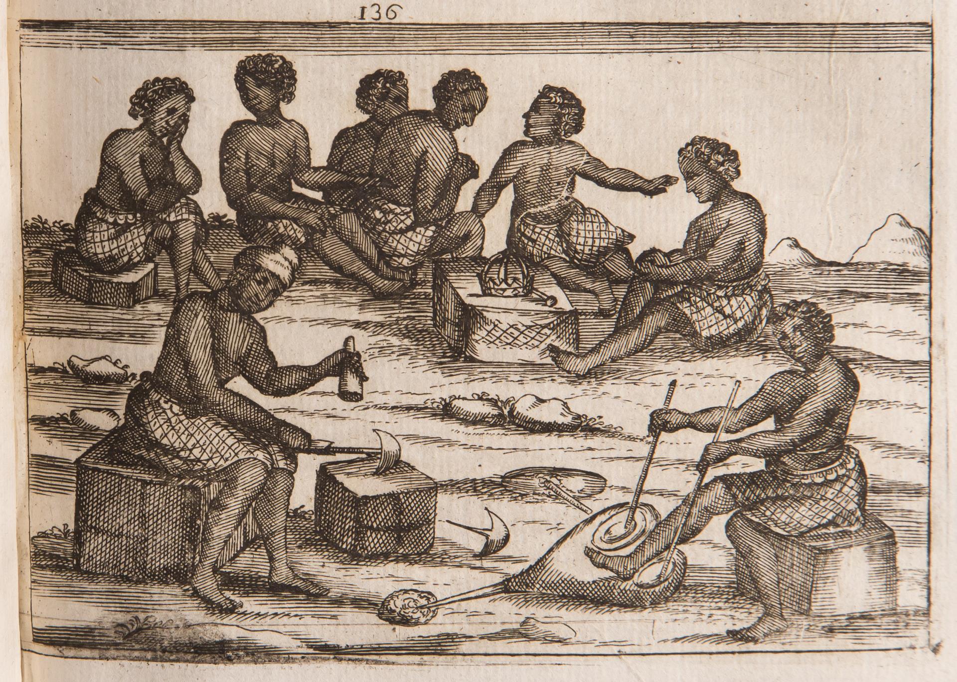 “Blacksmithing,” engraving by Fortunato da Alemandini after a watercolor by Giovani Antonio Cavazzi da Montecuccolo in Istorica Descrittione De’ Tre Regni Congo, Matamba, et Angola, 1687. Jamestown-Yorktown Foundation, JYF2002.20.